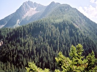 View of nearby mountains heading north to Greendrop Lake, Lindeman Lake 2000-08.